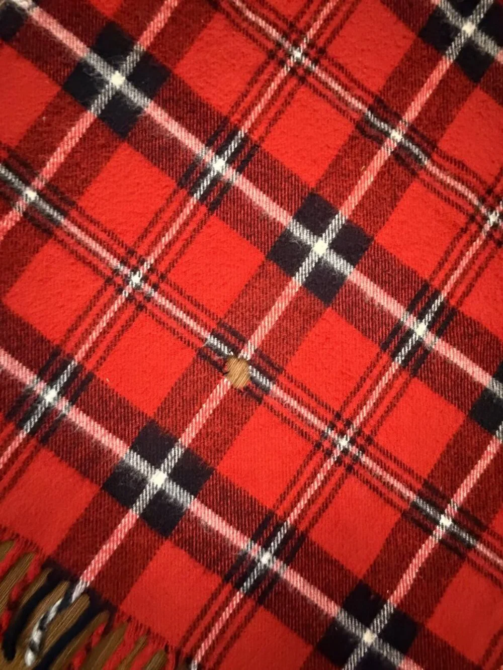 Vintage 1970s Faribo Red & Black Plaid Acrylic Throw Blanket With Fringe - Made